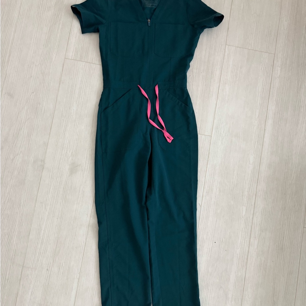 Figs Dark Teal Catarina Straight Leg Scrub Jumpsuit with Pink Tie
